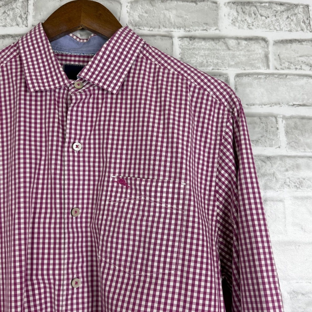 Tommy Bahama Fuchsia Pink Gingham Check Long Sleeve Button Up Shirt Mens MEDIUM